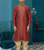 Men's maroon embroidered kurta patiala