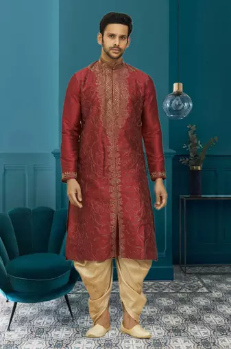 Men's maroon embroidered kurta patiala