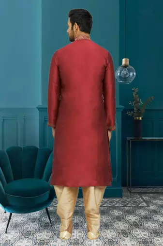 Men's maroon embroidered kurta patiala
