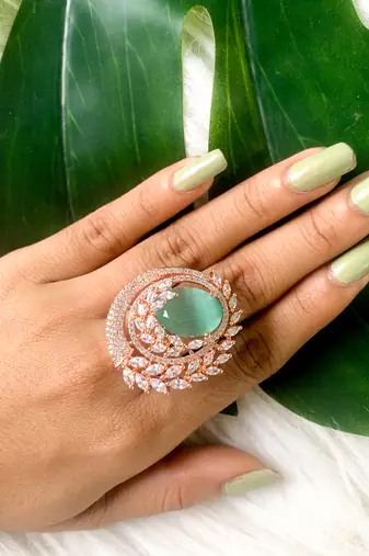 stylish latest fashion blue stone dazzling cubic zirconia embellihsed brass adjustable finger ring