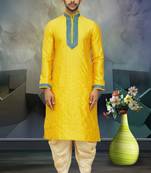 Men's yellow embroidered kurta patiala
