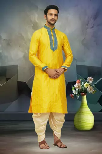Men's yellow embroidered kurta patiala