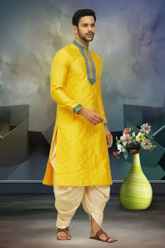 Men's yellow embroidered kurta patiala