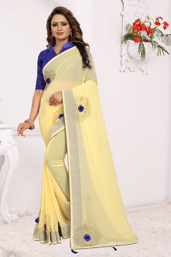 Yellow Siroski Stone Work Georgette Saree