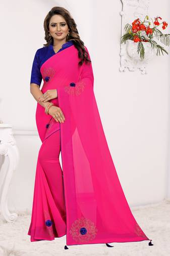 Pink Siroski Stone Work Georgette Saree