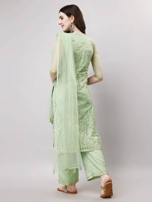 Women   s Foil Printed Kurti And Pant Set With Foil Printed Net Dupatta (Parrot) (MAK12FOIL) 7