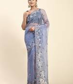 Blue orgenza silk chikankari border with blouse