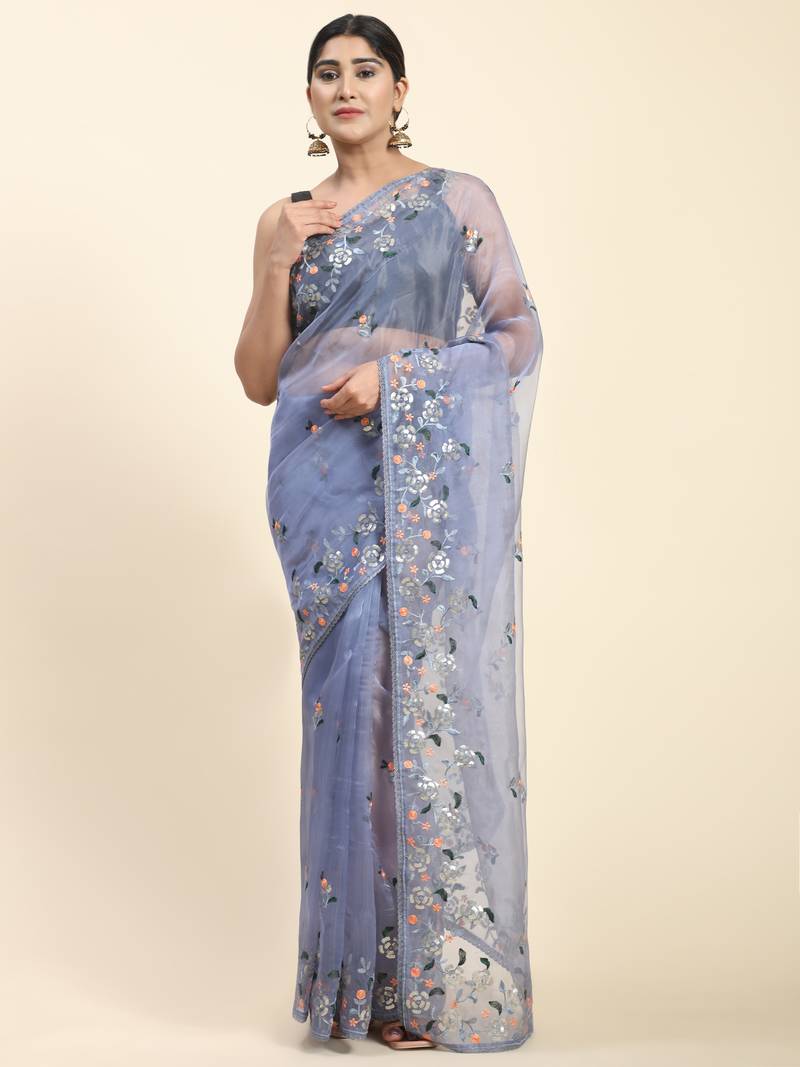 Blue orgenza silk chikankari border with blouse