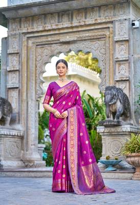 Purple Kallavi banarasi style silk bland zari Pallu & Border saree with Blouse 1