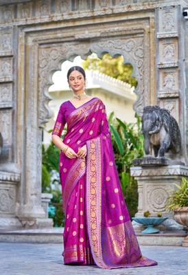 Purple Kallavi banarasi style silk bland zari Pallu & Border saree with Blouse 2