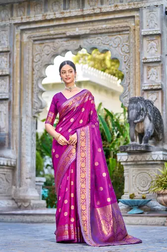 Purple Kallavi banarasi style silk bland zari Pallu & Border saree with Blouse