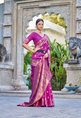 Purple Kallavi banarasi style silk bland zari Pallu & Border saree with Blouse 3