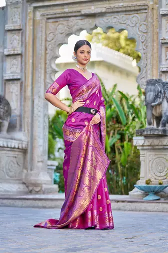 Purple Kallavi banarasi style silk bland zari Pallu & Border saree with Blouse