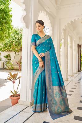 Firozi Kalandi Silk bland golden border banarasi style saree with Blouse 1