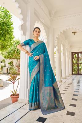 Firozi Kalandi Silk bland golden border banarasi style saree with Blouse 2