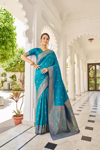 Firozi Kalandi Silk bland golden border banarasi style saree with Blouse