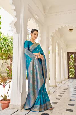 Firozi Kalandi Silk bland golden border banarasi style saree with Blouse 3