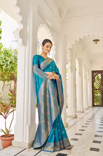 Firozi Kalandi Silk bland golden border banarasi style saree with Blouse