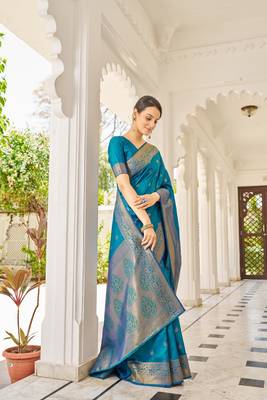 Firozi Kalandi Silk bland golden border banarasi style saree with Blouse 4