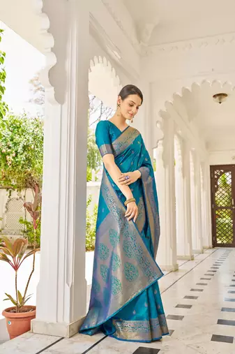 Firozi Kalandi Silk bland golden border banarasi style saree with Blouse