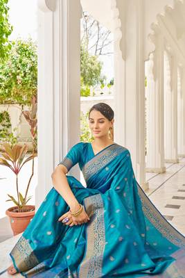 Firozi Kalandi Silk bland golden border banarasi style saree with Blouse 5