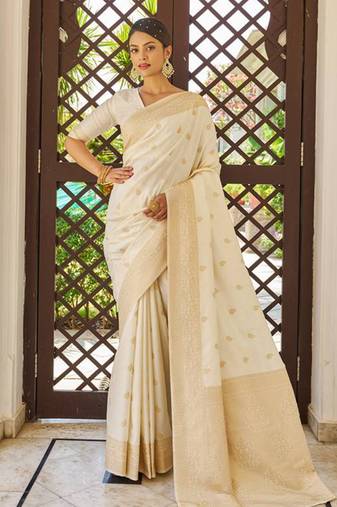 White Banarasi Silk Blend Zari Work Saree With Blouse For Women