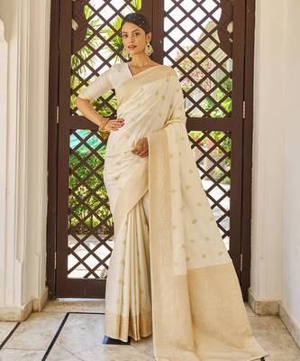 White Banarasi Silk Blend Zari Work Saree With Blouse For Women 1