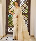 White Banarasi Silk Blend Zari Work Saree With Blouse For Women