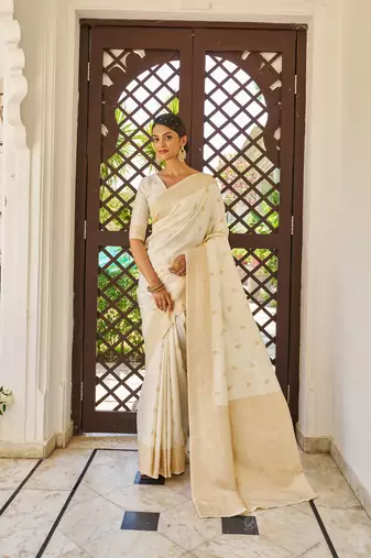 White Banarasi Silk Blend Zari Work Saree With Blouse For Women