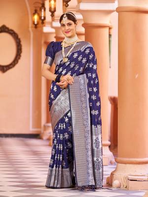 Blue Banarasi Silk Blend Silver Zari Work Saree With Blouse 1
