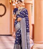Blue Banarasi Silk Blend Silver Zari Work Saree With Blouse