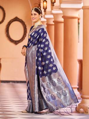 Blue Banarasi Silk Blend Silver Zari Work Saree With Blouse 2