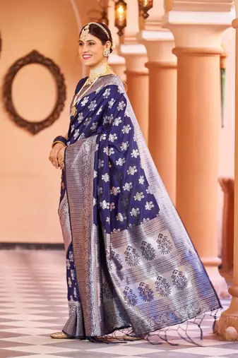 Blue Banarasi Silk Blend Silver Zari Work Saree With Blouse