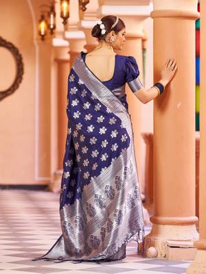 Blue Banarasi Silk Blend Silver Zari Work Saree With Blouse 3