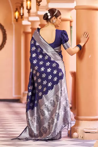 Blue Banarasi Silk Blend Silver Zari Work Saree With Blouse