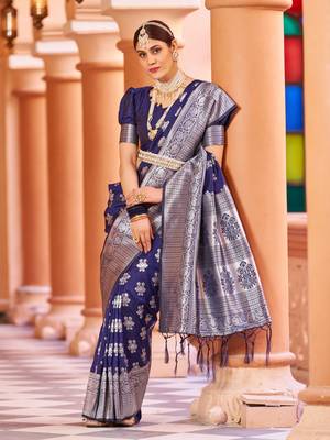 Blue Banarasi Silk Blend Silver Zari Work Saree With Blouse 4