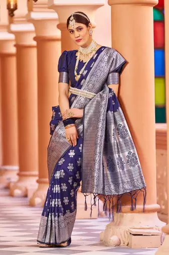 Blue Banarasi Silk Blend Silver Zari Work Saree With Blouse