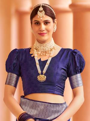 Blue Banarasi Silk Blend Silver Zari Work Saree With Blouse 5