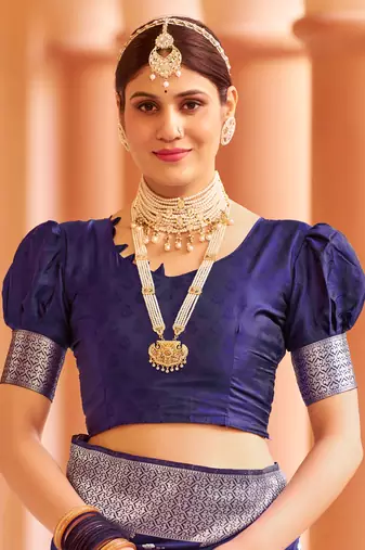 Blue Banarasi Silk Blend Silver Zari Work Saree With Blouse