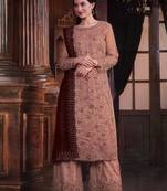 Dark peach colour soft net embroidered designer palazzo suit