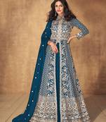 Dark teal blue color premium silk embroidered partywear dress