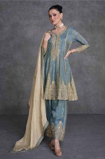 Grey Embroidered Organza Silk Free Size Stitched Anarakali Suit. (Size Upto 42) Free size full stitched Up To 42" Size