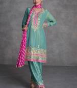 Pista Green Embroidered Organza Silk Free Size Stitched Punjabi Salwar Suit (Size Upto 42)