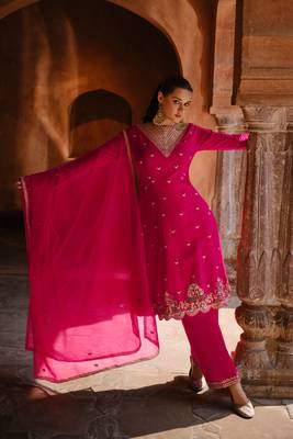 Pink Embroidered Georgette Stitched Anarkali Suit. Free size full stitched Up To 42" Size 1