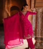 Pink Embroidered Georgette Stitched Anarkali Suit. Free size full stitched Up To 42" Size