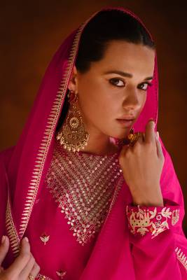 Pink Embroidered Georgette Stitched Anarkali Suit. Free size full stitched Up To 42" Size 2