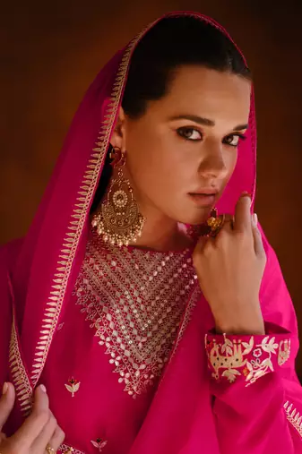Pink Embroidered Georgette Stitched Anarkali Suit. Free size full stitched Up To 42" Size