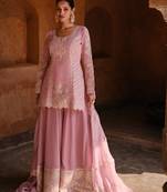 Pink Embroidered Georgette Stitched Straight Suit. Free size full stitched Up To 42" Size
