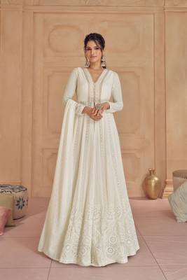 White Embroidered Georgette Stitched Anarakli Suit. Free size full stitched Up To 42" Size 1