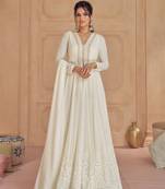 White Embroidered Georgette Stitched Anarakli Suit. Free size full stitched Up To 42" Size